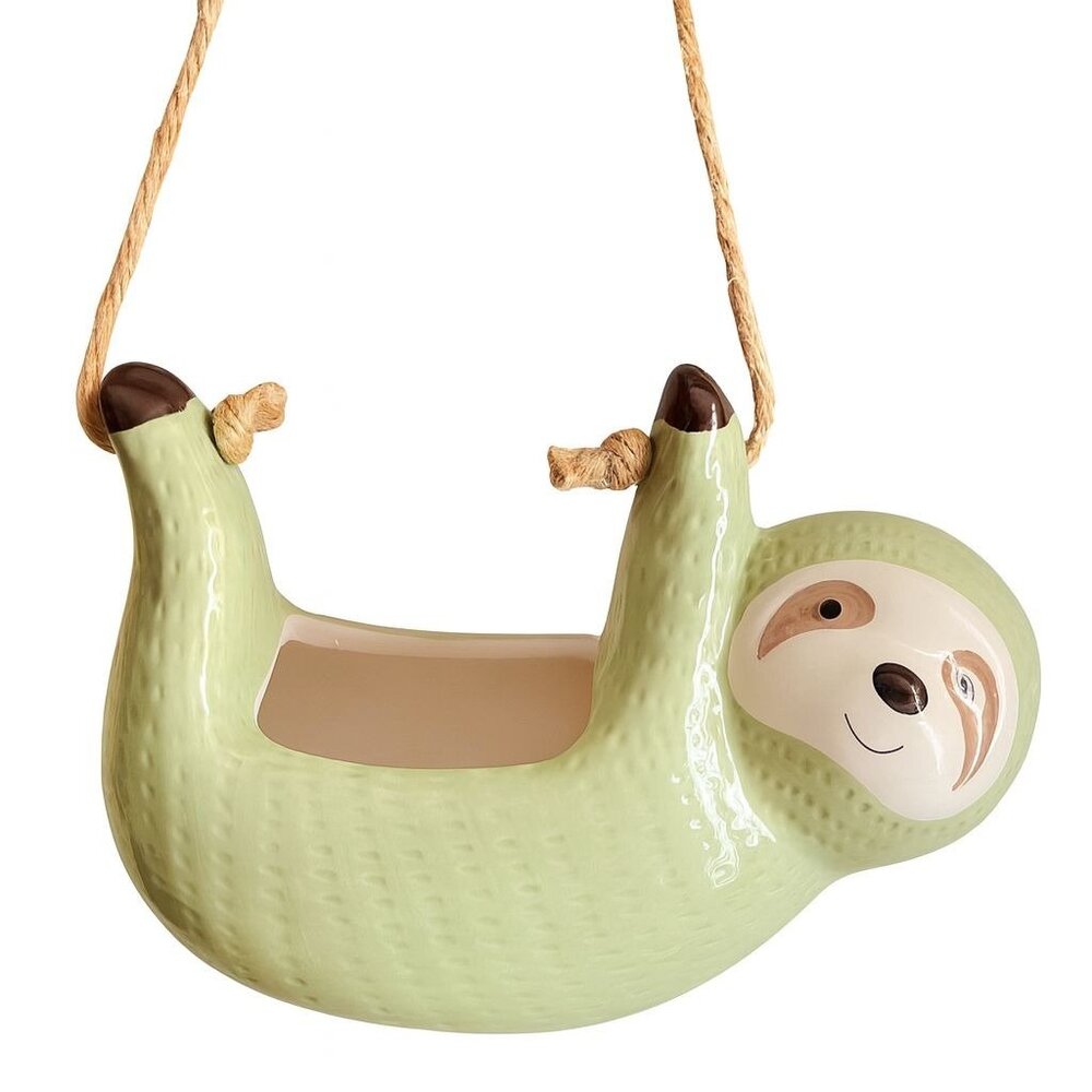 Ceramic Hanging Sloth Planter Pot Jute Rope Sage Green Animal Succulent Holder